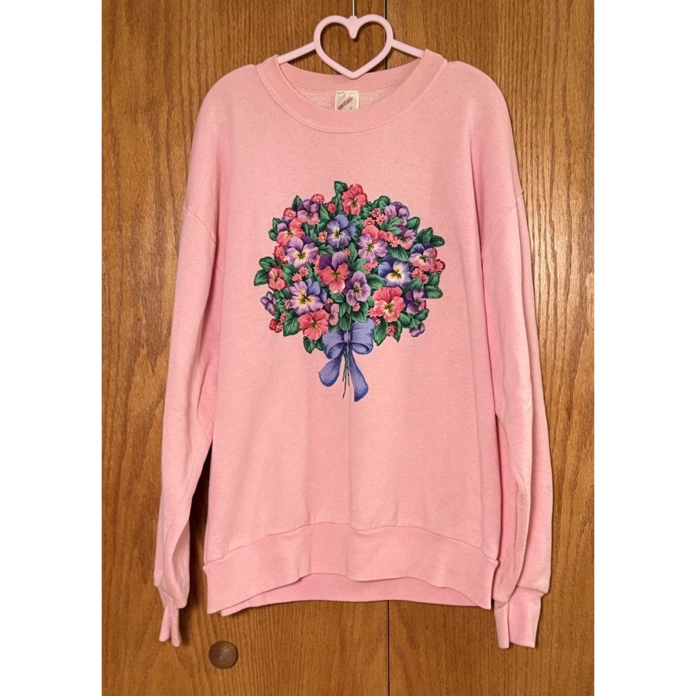 VTG‎ JERZEES Sweatshirt Wms L Crewneck Floral Grandma Appliqué Hand Painted